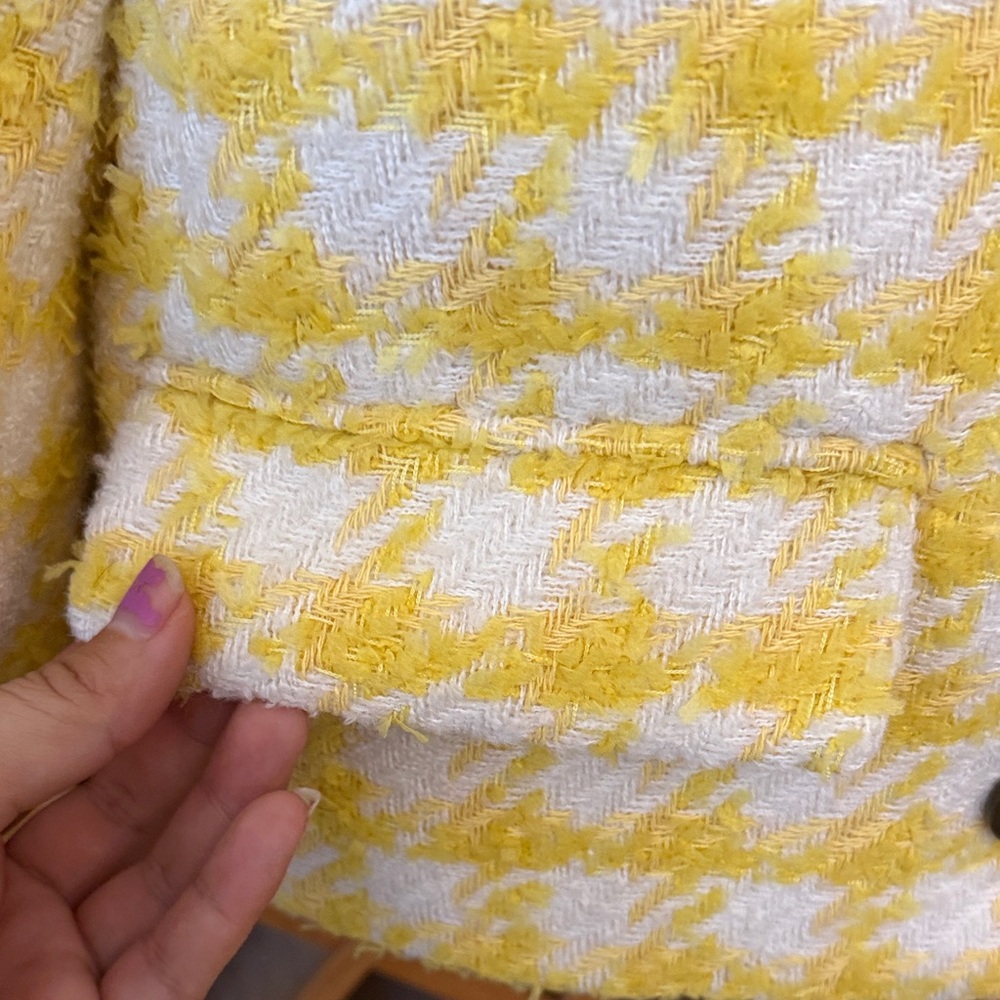 Ann Taylor Sunny Yellow Checkered Blazer Tweed Frayed - Picture 5 of 6